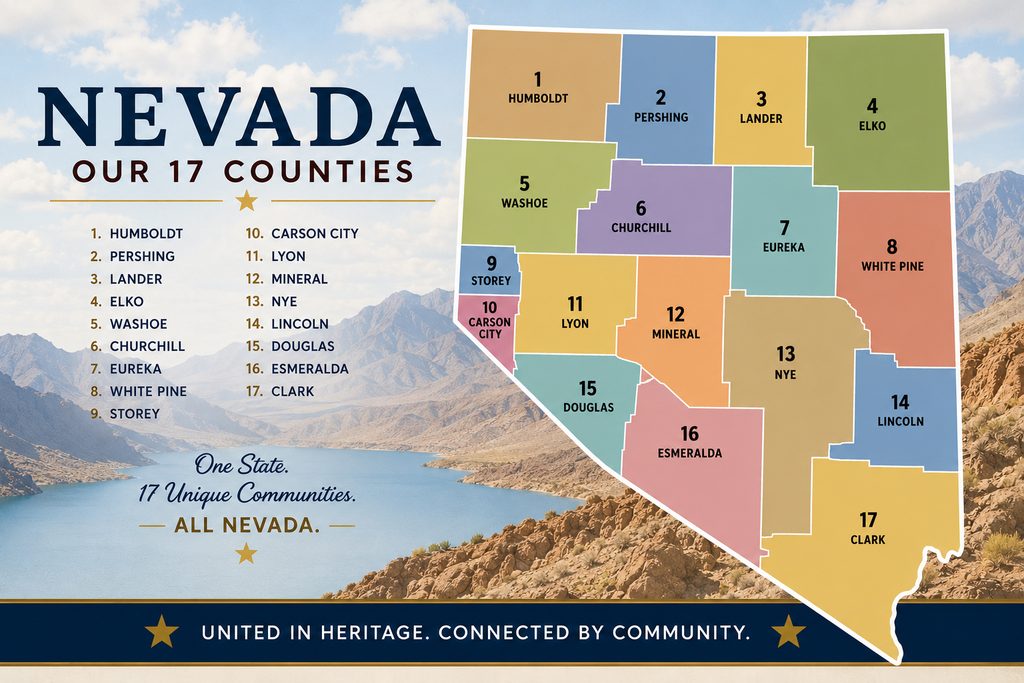 Map of Nevada showing the state's 17 counties, including Clark, Washoe, Carson City, Elko, Nye, Lyon, and other Nevada counties.