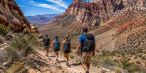 Four hikers walking along a trail through Red Rock Canyon near Las Vegas, Nevada.