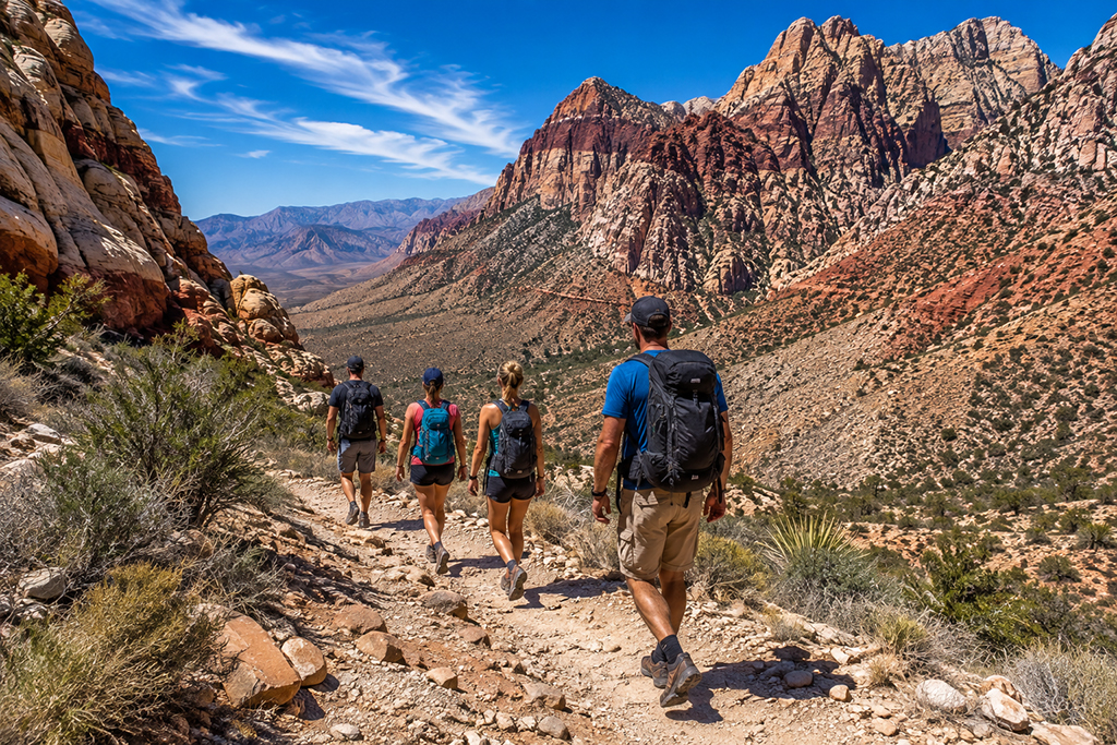 Four hikers walking along a trail through Red Rock Canyon near Las Vegas, Nevada.