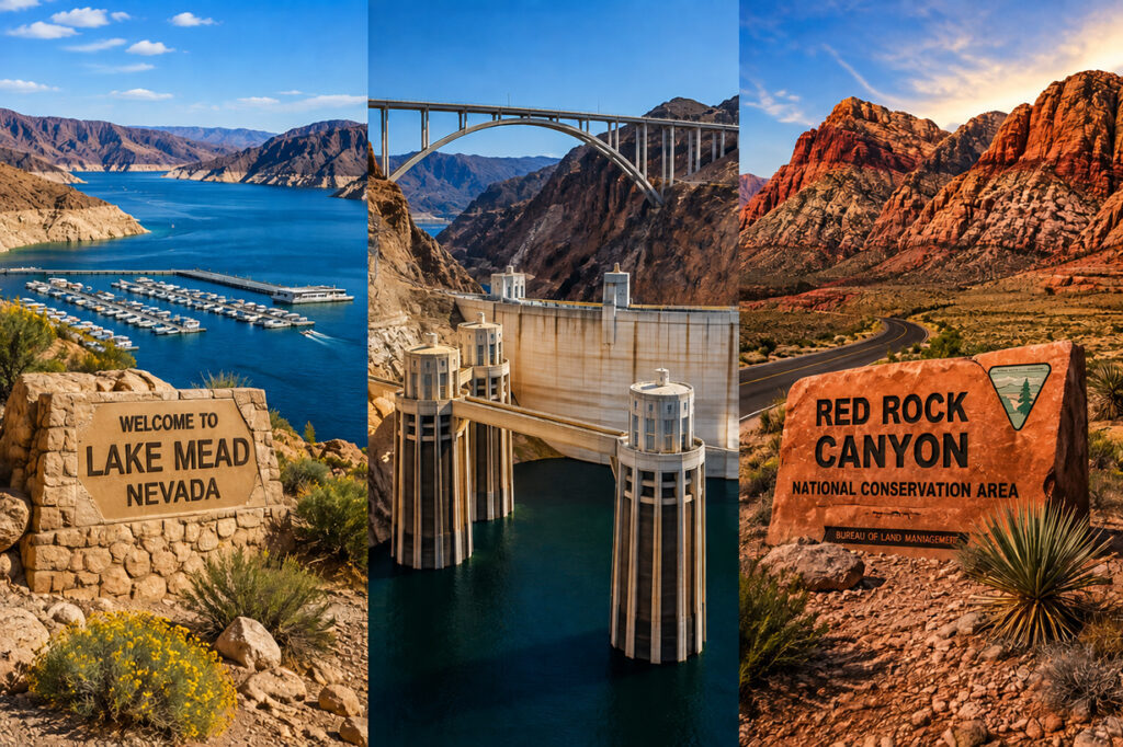 Nevada landscape collage featuring Lake Mead, Hoover Dam and Red Rock Canyon National Conservation Area.