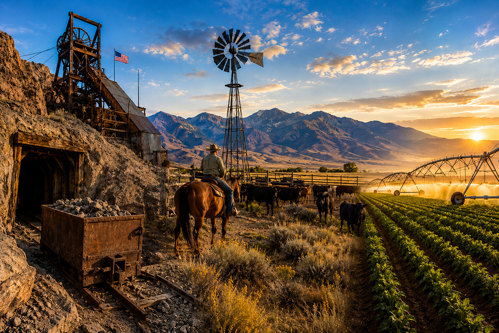 Nevada ranching and agricultural landscape with a cowboy on horseback, cattle, irrigated crops, and a historic mine beneath mountain peaks at sunset.