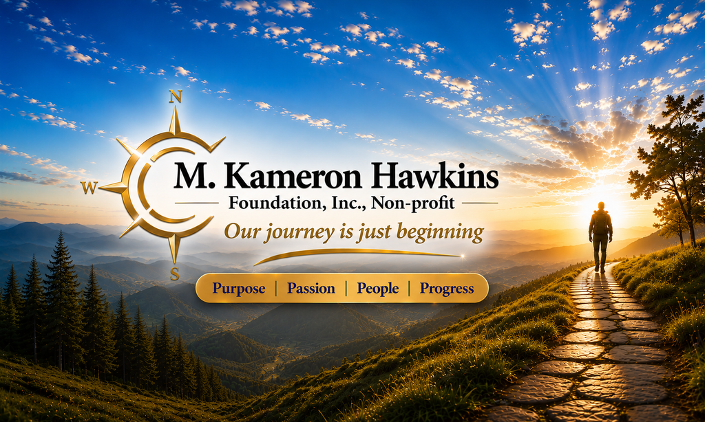 M. Kameron Hawkins Foundation, Inc., Non-profit logo over a scenic mountain landscape with a person walking toward the sunrise.