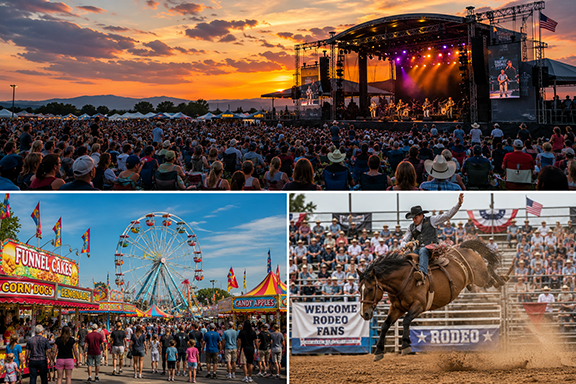 Nevada events collage featuring a live outdoor concert, county fair with carnival rides, and western rodeo.