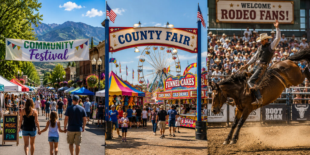 Nevada events collage featuring a community festival, county fair, and western rodeo beneath mountain scenery.