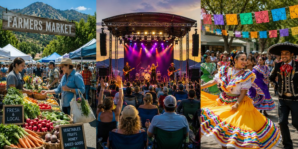 Nevada outdoor events collage featuring a farmers market, live concert, and colorful cultural festival.