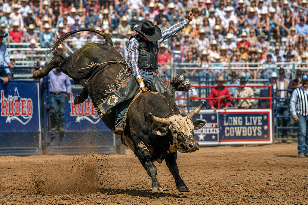 Bull rider competing in a rodeo before a large crowd in Nevada.