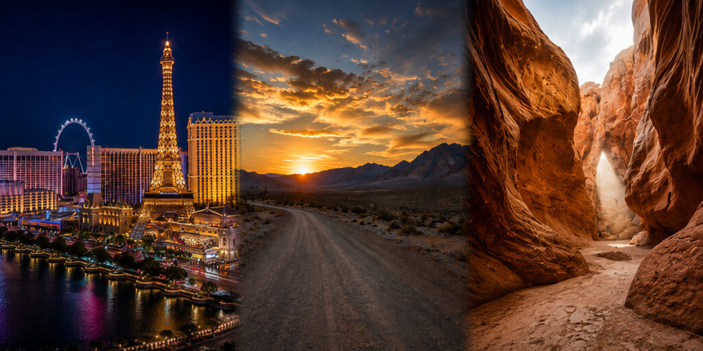 Nevada travel and tourism collage featuring the Las Vegas Strip, desert scenery, and a red rock canyon.