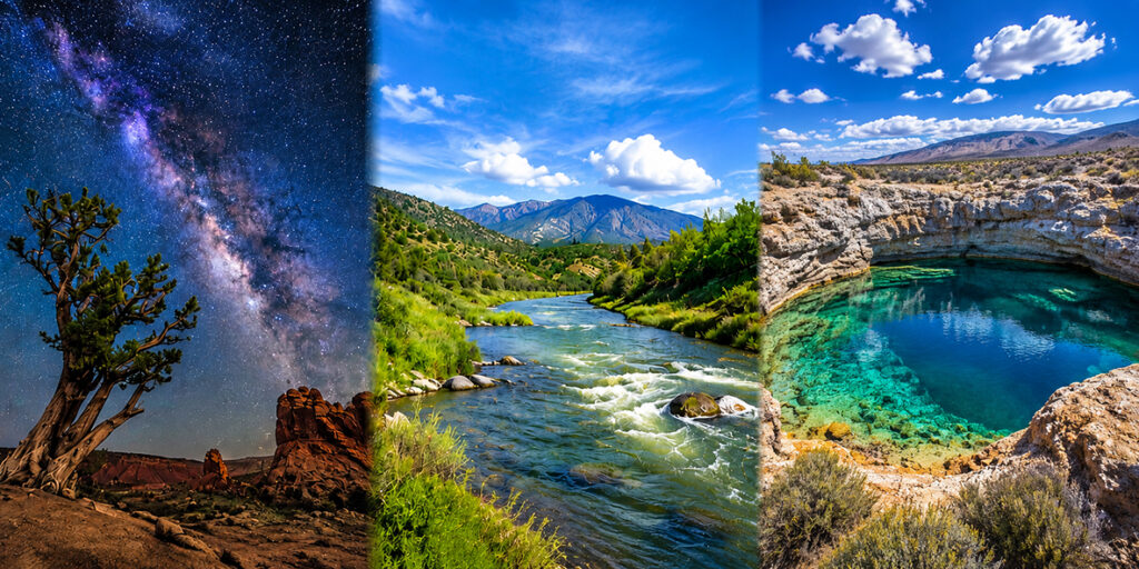 Nevada travel collage featuring desert landscapes, mountain scenery, a river, a natural spring, and a star-filled night sky.