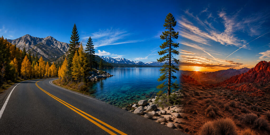 Scenic Nevada landscape featuring a mountain lake, winding road, alpine forest, and red rock desert at sunset.