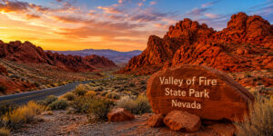 Valley of Fire State Park in Nevada with red sandstone formations and a scenic road at sunset.