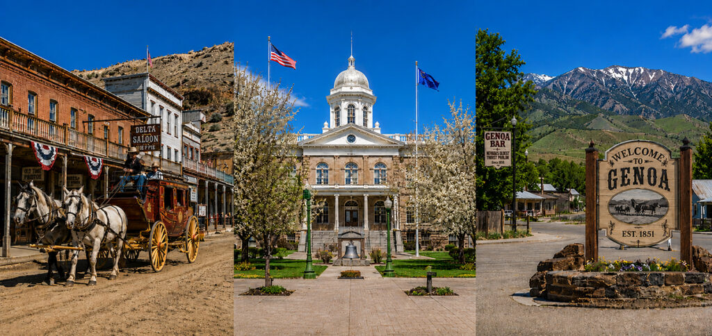 Nevada collage featuring historic Virginia City, Carson City and Genoa with mountain landscapes.
