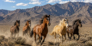 Four wild horses running through the Nevada desert with mountains in the background.