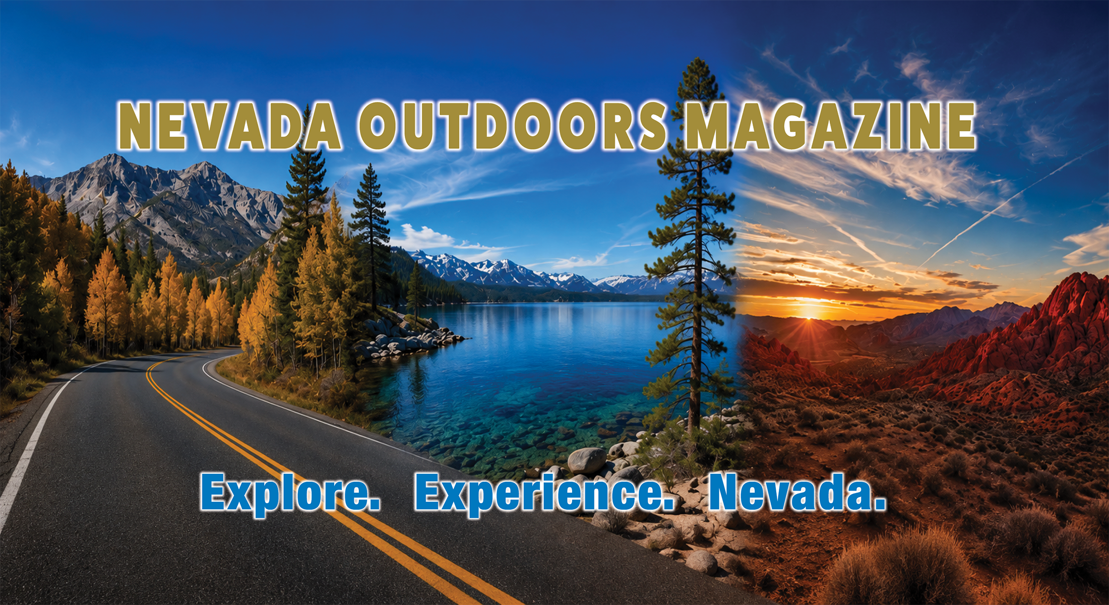 Nevada Outdoors Magazine logo over a scenic Nevada landscape with mountains, a lake, forest and desert rock formations.